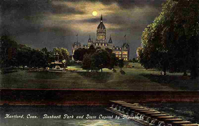 Night view of Connecticut capitol and surroundings