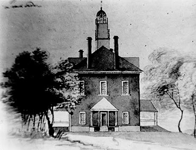 Black-and-white image of a painting of the North Carolina State House