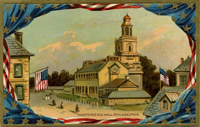 Fourth of July postcard showing Independence Hall